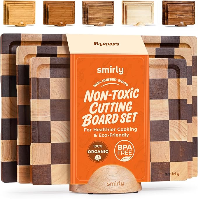SMIRLY Wood Cutting Boards for Kitchen Wooden Chopping Board Set Reversible with Deep Juice Grooves Grip Handles, Large Charcuterie Tray for Home Kitchen, Rubber Wood, 3Pcs with Holder