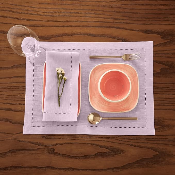 Solino Home Linen Cloth Napkins Set of 4 - Hemstitch 100% Pure Linen Bubblegum Pink Dinner Napkins 20 x 20 Inch for Valentines - Milan, Handcrafted and Machine Washable