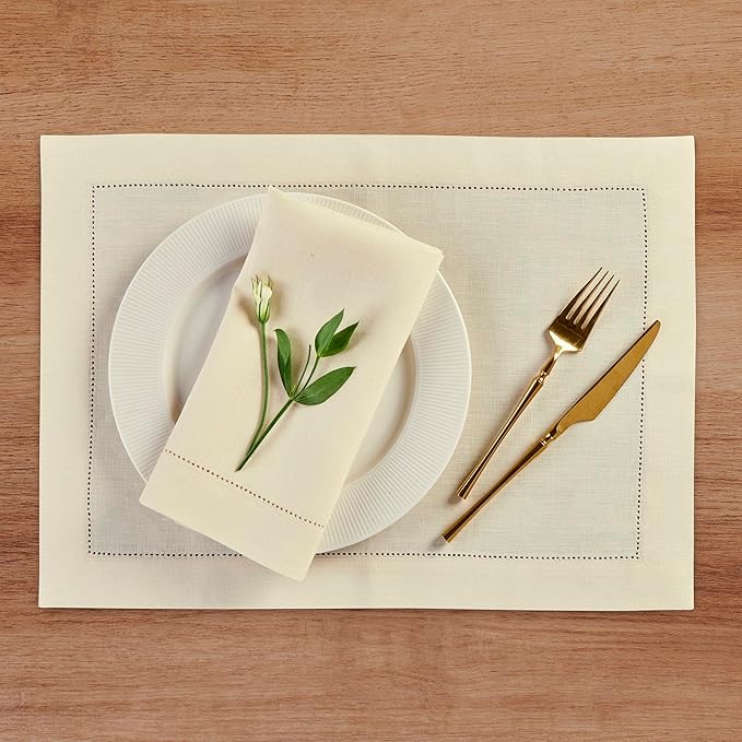 Solino Home Linen Cloth Napkins Set of 4-100% Pure Linen Creamy Ivory Dinner Napkins 20 x 20 Inch - Medium Weight Hemstitch, Handcrafted and Machine Washable