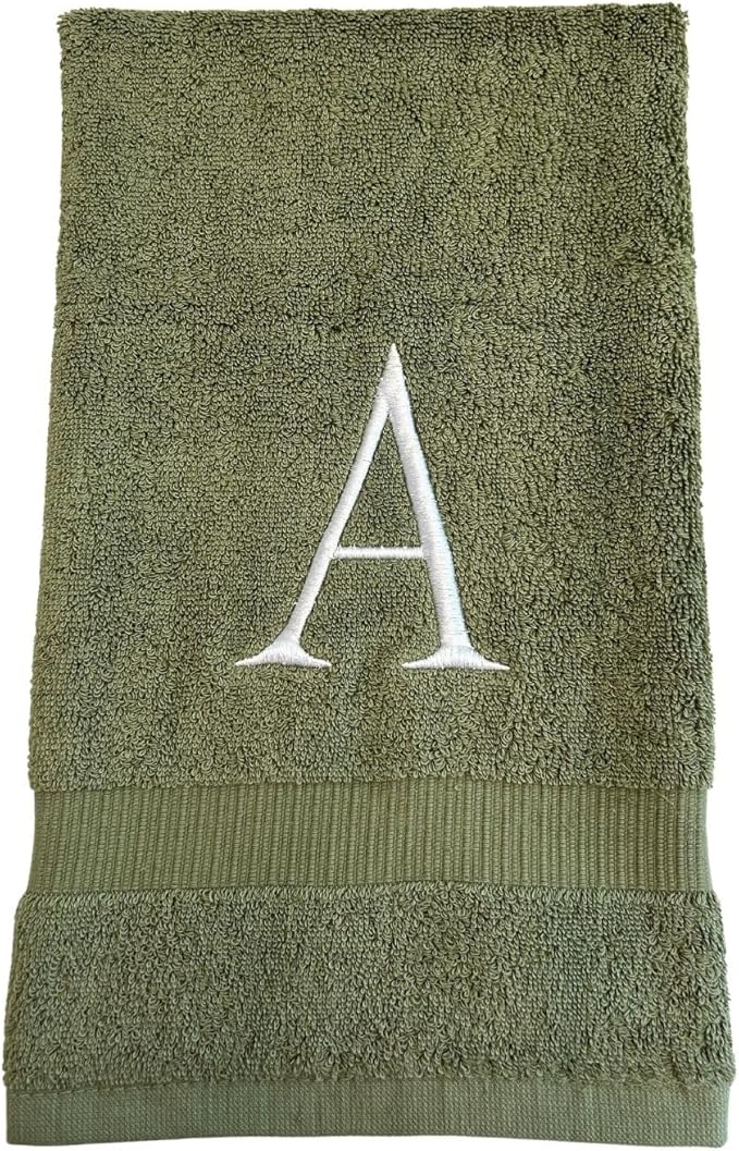 Sage Initial Hand Towel for Bathroom - Monogrammed Luxury Hotel Quality Decorative Embroidered Towel for Powder Room, Spa - GOTS Organic Certified - Set of 2 Letter W