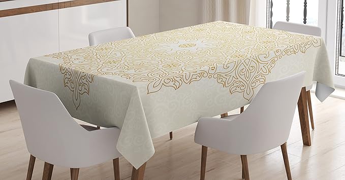 Ambesonne Mandala Tablecloth, Antique Pattern Blooming Garden Theme Filigree Style Traditional, Rectangular Table Cover for Dining Room Kitchen Decor, 60" X 84", Yellow Coconut