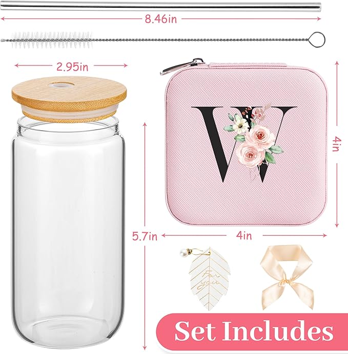 AYGXU Initial Glass Cup,Personalized Birthday Gifts for Women,16oz Glass Tumbler Cups,Graduation Gifts for Her,Small Jewelry Organizer Box,Birthday Gifts for Women,Initial W pink