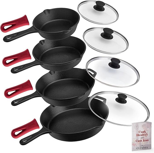 Cuisinel Cast Iron Skillets Set - 6"+8"+10+12"-Inch + Glass Lids + Silicone Handle Holder Cover Grips - Pre-Seasoned Frying Pan - Oven Cookware - Use Indoor/Outdoor, Grill, Stovetop, Fire