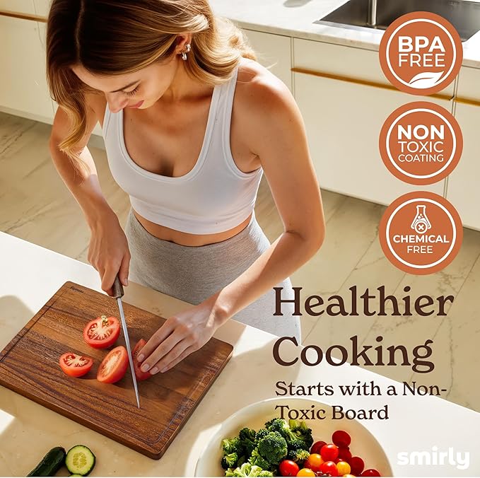 SMIRLY Walnut Wood Cutting Boards for Kitchen, Set of 3 with Holder Large - Small, Walnut Wooden Cutting Board Set with Deep Juice Grooves, Non Toxic Serving Tray, Perfect Mother's Day Gifts