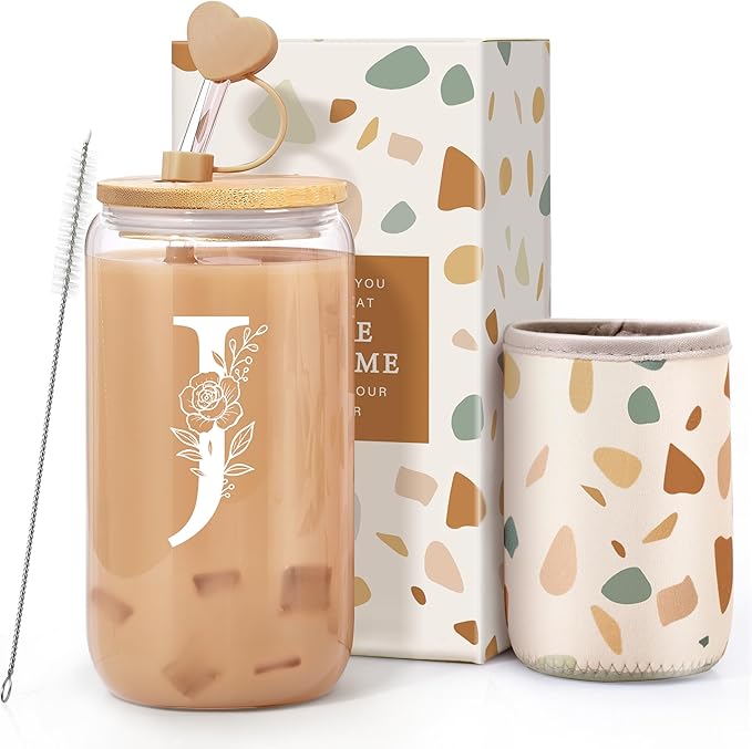 Personalized Gifts for Women, Monogrammed Gifts for Women, Initial 16 oz Glass Cups With Lids and Straws, Customized Mug, Personalized Birthday Gifts Christmas Gifts for Her Mom Friend Woman, J