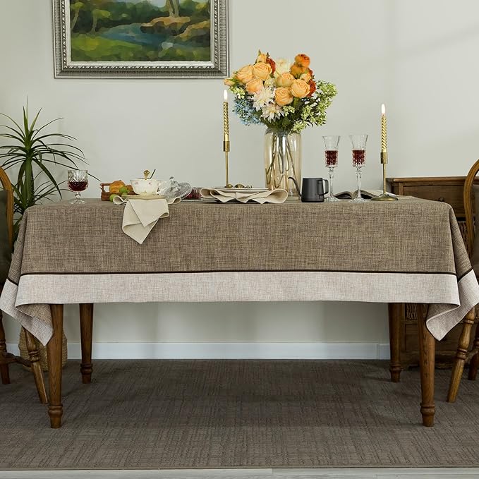 Solid Bordered Retro Tablecloths Classic Textured Table Clothes Linen Style Rustic Washable Tablecloth Rectangle Table Cloth,Kitchen Dinning Tabletop Decoration,Oblong Table Cover Flax 55x102 Inch