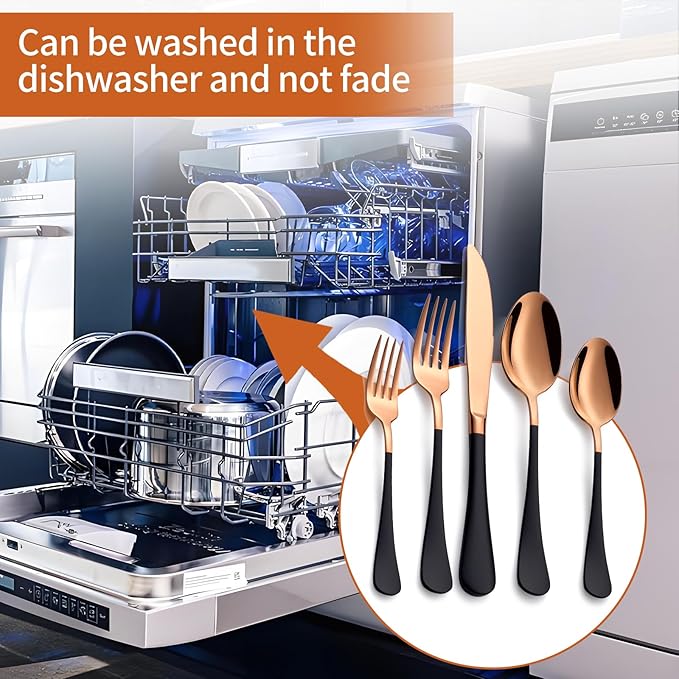 20 Piece Rose Gold and Black 18/0 Flatware Utensil Set for 4, Include Dinner Knife,Dinner Forks,Dinner Spoons,Salad Forks,Teaspoons,Silverware Set for 4, Dishwasher Safe