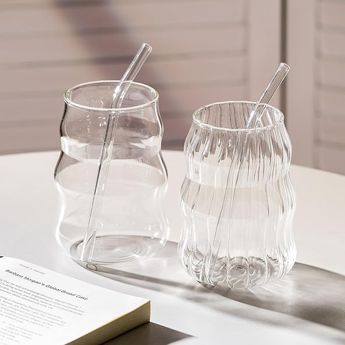 2 Pcs Ribbed Glass Cups Set with Straws 18 Oz Vintage Drinking Glassware Ripple Cocktail Glasses for Iced Coffee Soda Tea Juice Beverage Milk Reusable Tumblers
