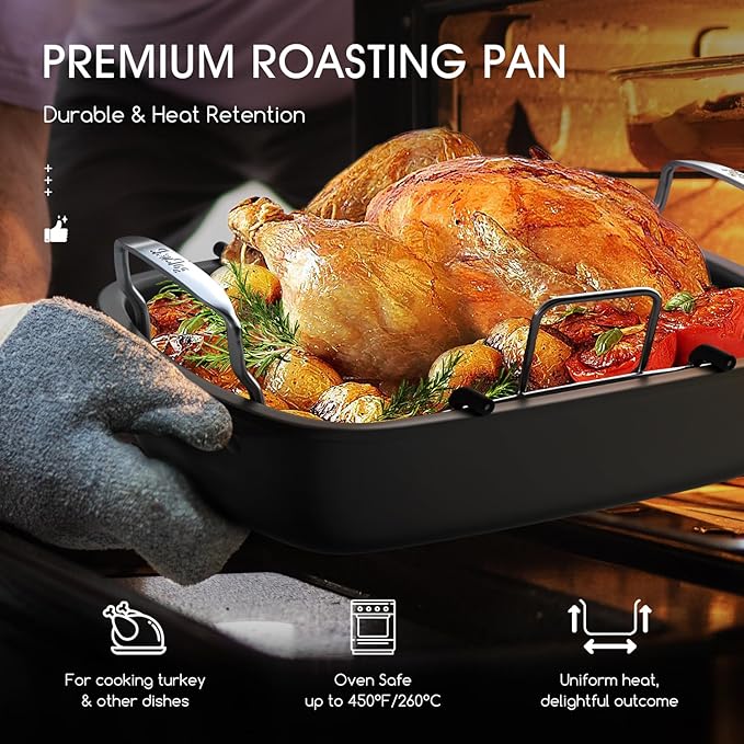 Nonstick Turkey Roasting Pan with Rack, 17 x 13 Inch Turkey Pan, large roaster pan for Meat & Vegetable, (Silver)