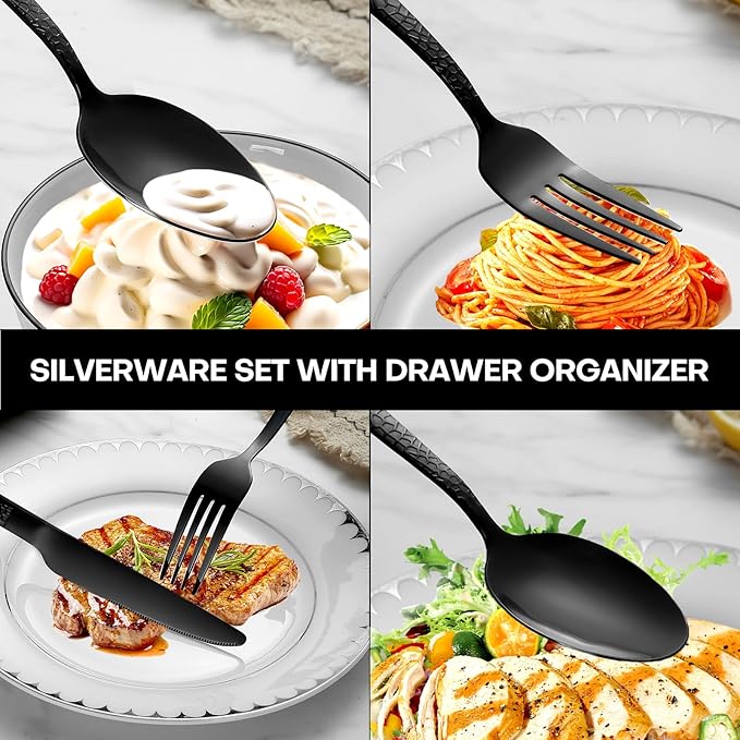 49Pcs Silverware Set with Organizer, Silver Stainless Steel Flatware Set for 8 Cutlery Utensil Sets with Steak Knives, Spoons and Forks Set, Dishwasher Safe