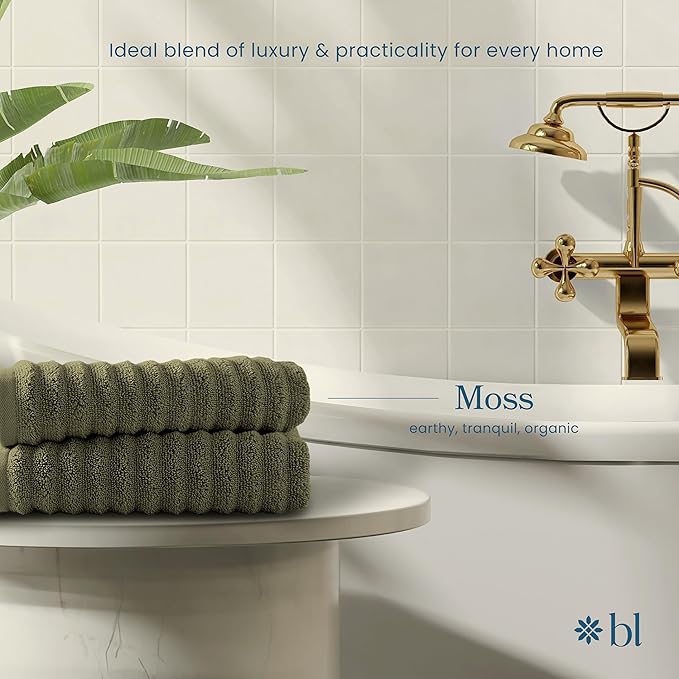 Blue Loom Ribbed Hand 2 Towels Set, 100% Cotton 600GSM, Soft Absorbent Durable Quick Drying for Bathroom - Mason 2 Piece 18" x 30" - Moss