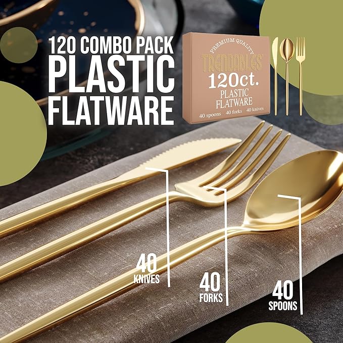 Trendables Gold Plastic Silverware Set Gold Silverware Disposable Forks and Spoons Disposable 120 Pack Plastic Utensils Set Includes 3 x 40 each Knives & Spoons & Forks For Parties and Events