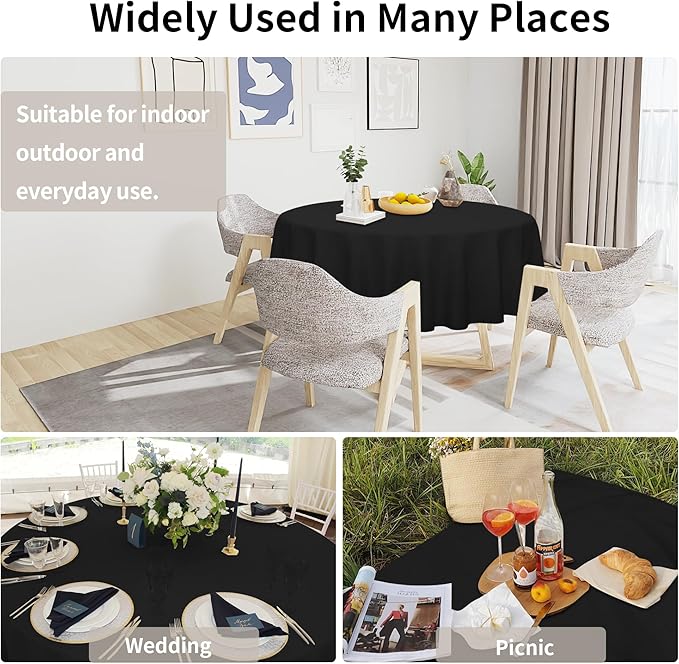 Easy-Going Faux Linen Waterproof Spill-Proof Tablecloth Stain Resistant Round Table Cloth Wrinkle Free Decorative Fabric for Kitchen, Dining, Party, Weddings, Restaurants (70 in-Round, Black)