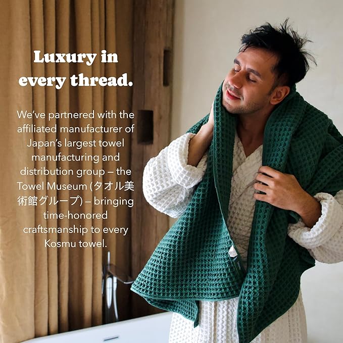 Luxury Organic Japanese Cotton Waffle Bath Towel | Thick, Absorbent, Quick Dry Bathroom Towels for Shower, Sauna, Onsen| Hotel & Spa Quality, Gift-Ready (Forest Green, Bath Sheet, 67" x 34")