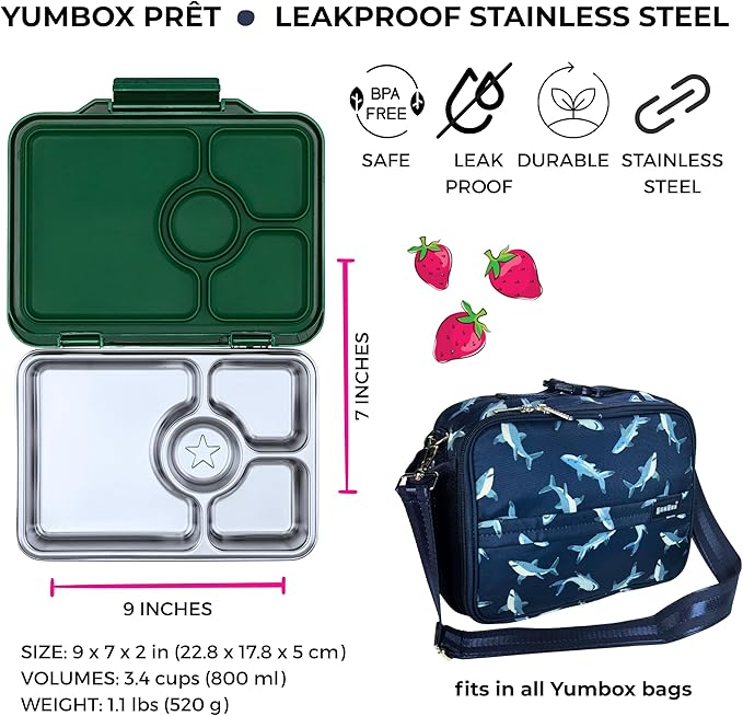 Yumbox Prêt Stainless Steel Bento Box with Leakproof Lunch Container, Sandwich Friendly Tray, Lunch Box for Kids, Adults, Travel (Dublin Green)