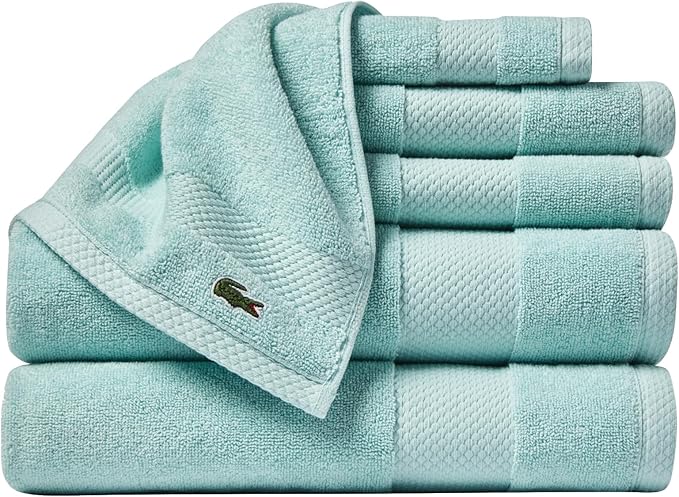 Lacoste Heritage Supima Cotton 6-Piece Towel Set, 2 Bath Towels, 2 Hand Towels, 2 Washcloths, Mint – Highly Absorbent & Quick Drying, Bathroom Essential, Machine Washable