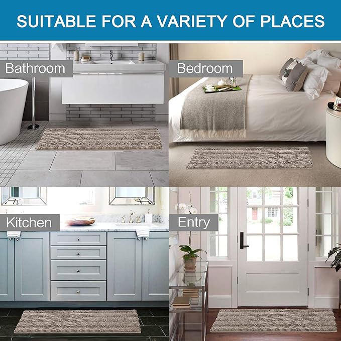H.VERSAILTEX Bath Rugs for Bathroom Non Slip Bath Mats Extra Thick Chenille Striped Bath Rug Runners 47" x 17" Absorbent Fluffy Soft Shaggy Mats Dry Fast Plush Area Carpet for Bath Room - Taupe
