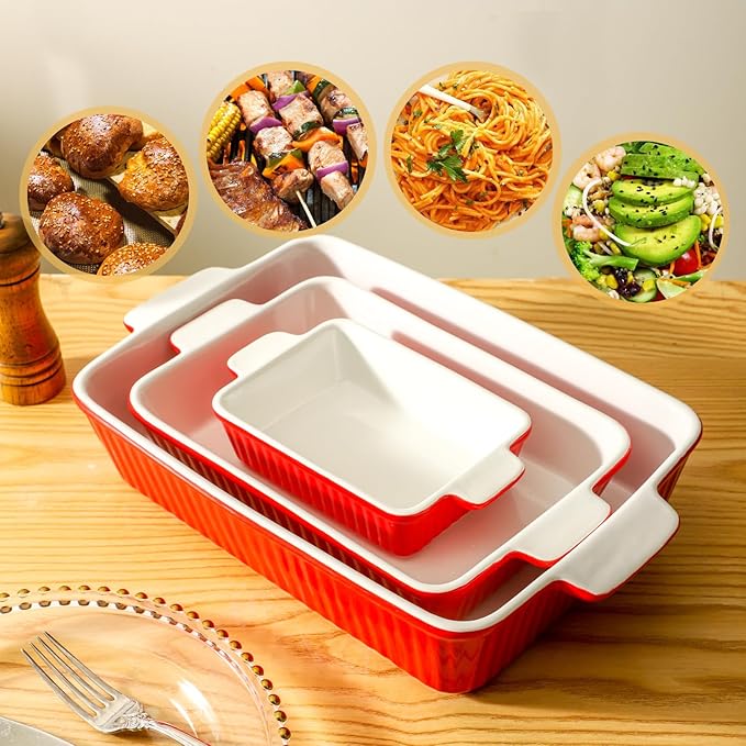 Hasense Casserole Dishes for Oven, Rectangular Baking Dishes Set of 3, Porcelain Lasagna Pans with Handles, Ceramic Baking Pans Set for Cooking, Christmas Party Birthday Gifts, Red(15"/12.2''/8.3'')