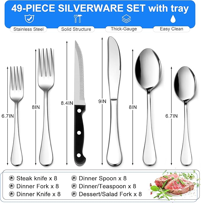 E-far Silverware Set with Organizer, 49-Piece Stainless Steel Flatware Cutlery Set for 8 with Steak Knives, Kitchen Metal Eating Utensils Sets Include Forks Spoons Knife, Mirror Polished & Rust Proof