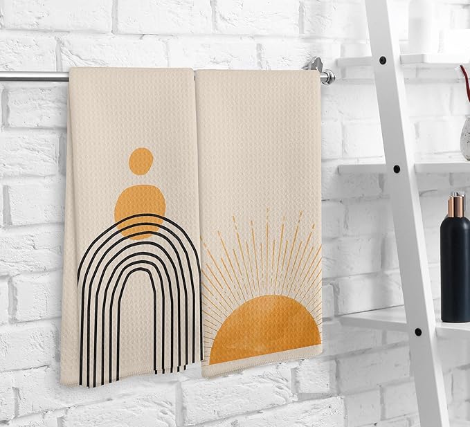 Boho Black Sun Sunrise Sunshine Rainbow Kitchen Towels and Dishcloths Sets of 2,Bohemian Absorbent Drying Cloth Hand Towels Tea Towels for Bathroom,Boho Gifts for Women Girls,16×24 inches (Orange)