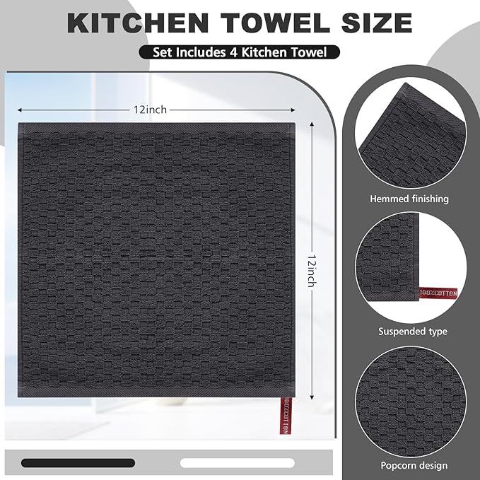 4 Pack 100% Cotton Wash Cloth, 12x12 Inch Highly Absorbent and Soft Feel Fingertip Towels, Machine Washable Washcloths for Bathroom, Gym, Hotel, Spa and Kitchen, White/Grey