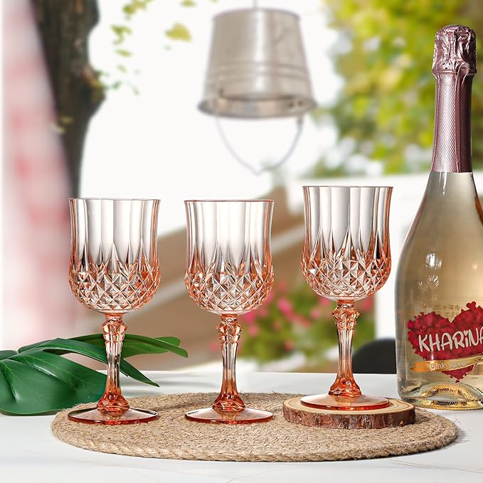 XUWAIDSGN 7oz Plastic Vintage Wine Glasses Drinking Glasses Unbreakable Wedding Glassware Crystal Water Goblets Reusable Drinkware Vintage Champagne Flutes (48, Pink)
