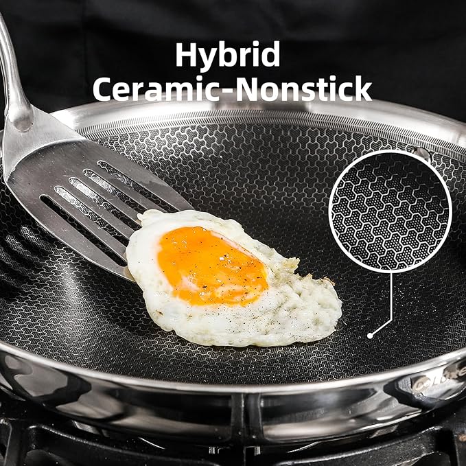 Deluxe 13 Piece Hybrid Ceramic Nonstick Stainless Steel Cookware Set-5 Piece Frying Pan Set, 6 PC Pot Set, 3.7QT Deep Sauté Pan&Lid, Induction Ready, Stay Cool, PFOA Free Compatible with All Cooktops