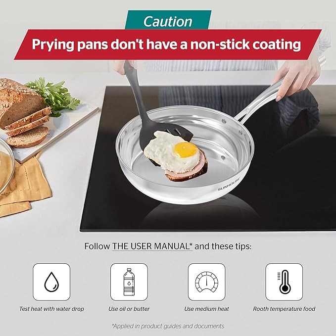Sunhouse – 10 Inch / 26 cm Stainless Steel Frying Pan, Tri-Ply Stainless Steel Construction, PFOA-FREE, Stay-Cool Handle, Induction Compatible with All Cooktops, Dishwasher Safe