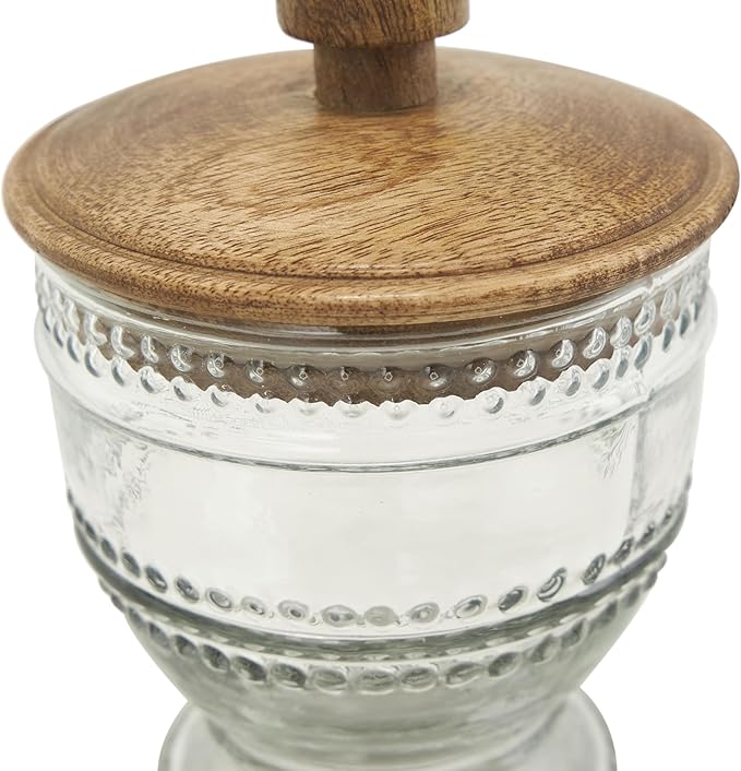 Deco 79 Glass Living Room Decorative Jars Beaded Decorative Container with Wood Lids, Set of 2 Jar with Lid 8", 7"H, Clear