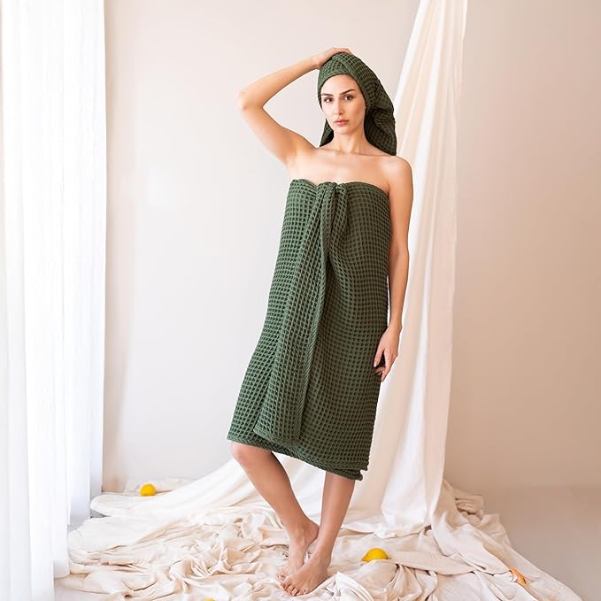 4-Piece Waffle Towels Set for Bathroom - Soft 100% Turkish Cotton Quick-Dry Lint-Free Waffle Weave Thin Bath and Hand Towels (Dark Green, 2 Bath & 2 Hand Towel Set)