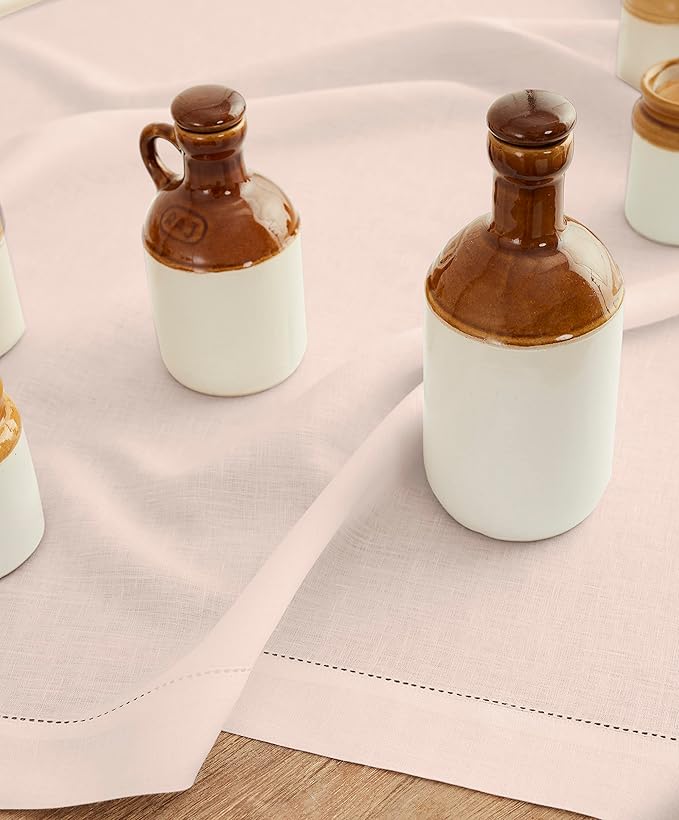 Solino Home Pink Linen Tablecloth 52 x 52 Inch - 100% Pure Linen Square Table Throw - Classic Hemstitch, Machine Washable Table Cloth for Valentines