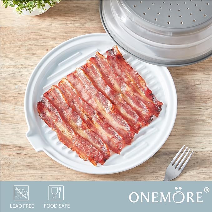 ONEMORE Microwave Bacon Tray with Lid Ceramic Bacon Cooker Meat Rack for Oven Cooking Crispy Bacon Maker with Cover - 11 inch Round Bacon Dish Plate, White
