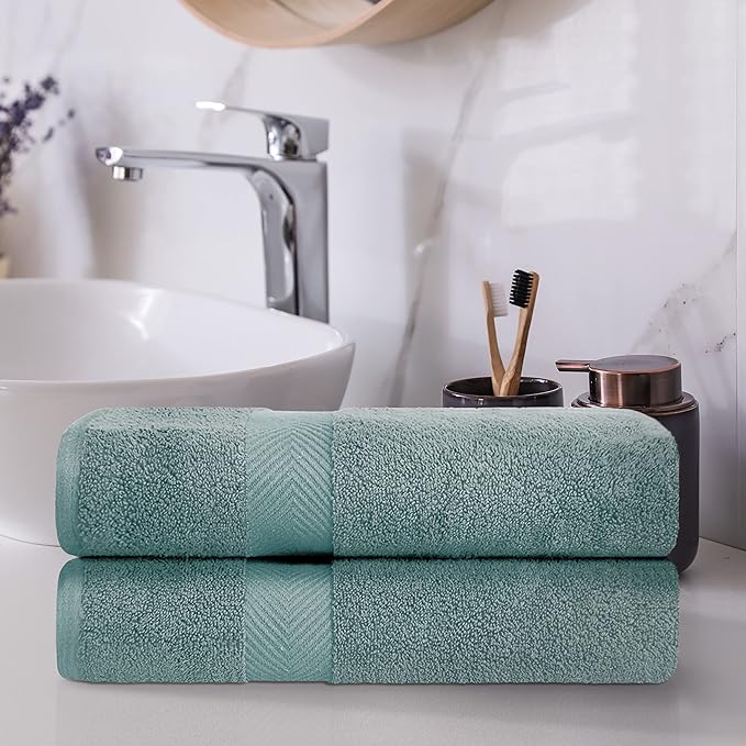 Superior Zero Twist 100% Cotton Bath Towels, Super Soft, Fluffy and Absorbent, Premium Quality Oversized Bath Towel Set of 2, Jade Green