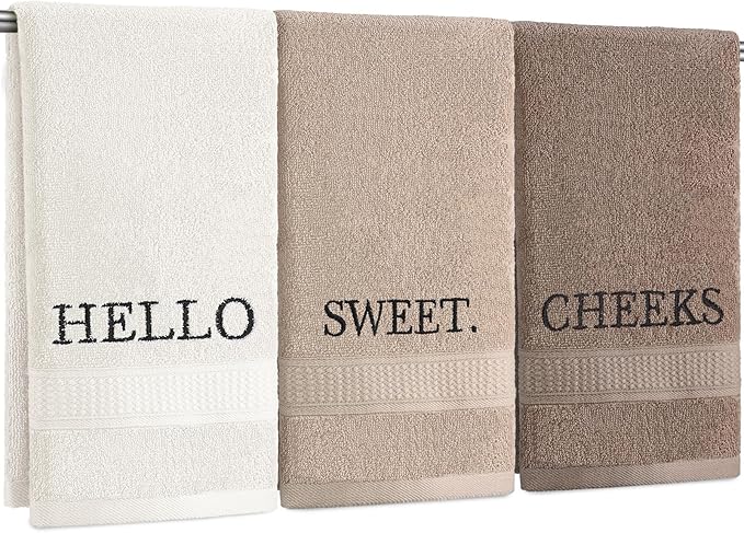 3 Pcs Farmhouse Decorative Hand Towels for Bathroom and Kitchen Rustic Embroidered 100% Cotton Hand Towels Decorative Set for Boho Bathroom Decor(Brown,Hello Sweet Cheeks)