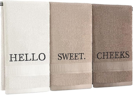 3 Pcs Farmhouse Decorative Hand Towels for Bathroom and Kitchen Rustic Embroidered 100% Cotton Hand Towels Decorative Set for Boho Bathroom Decor(Brown,Hello Sweet Cheeks)