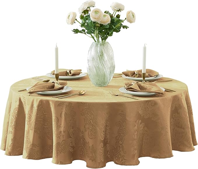 Newbridge Christmas Barcelona Damask Fabric Tablecloth, 70 Inch Round, Gold – No Iron, Soil Resistant Table Cover for Dining, Parties and Holidays