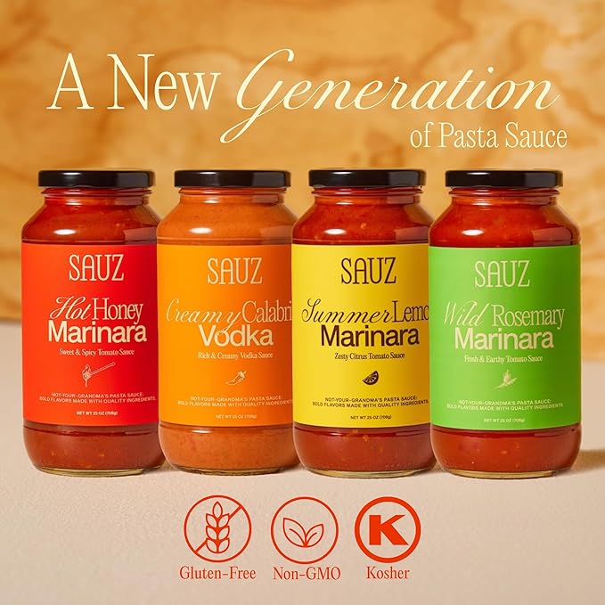 Sauz | Variety Pack, 25 Oz Jars (4-Pack), Includes Hot Honey Marinara, Creamy Calabrian Vodka, Wild Rosemary, Summer Lemon, Gluten-Free, Non-GMO, Multi-Use, Clean Ingredients – Small Batch Craft Sauces