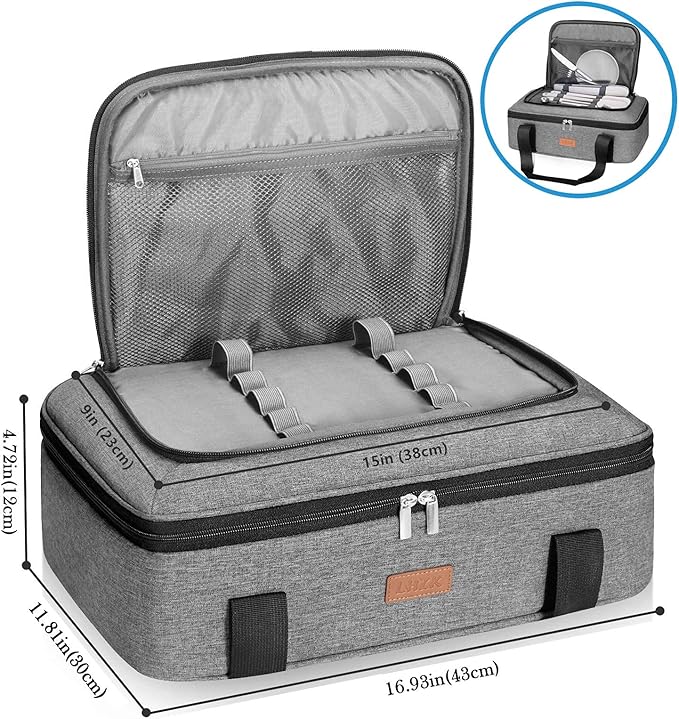 LHZK Double Decker Insulated Casserole Carrier for Hot or Cold Food, Expandable Hot Food Carrier, Lasagna Holder Tote for Potluck Parties, Picnic, Beach, Fits 11 x 15 or 9 x 13 Baking Dish (Grey)