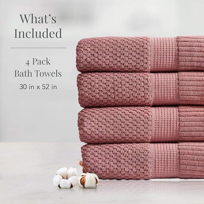 NY Loft 100% Cotton Bath Towel 4 Pack | Super Soft & Absorbent Quick-Dry Bath Towels 30" x 52" | Textured and Durable Cotton | Premium Thick Towels | Trinity Collection (4 Pack Bath Towel, Rose)