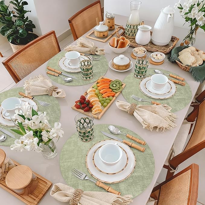 Maxpearl Round Placemats Set of 6, 13.8 inch Faux Leather Heat Resistant Table Mats, Non Slip Waterproof Wipeable Place Mats for Kitchen Dining Holiday Party Table Settings, Sage Green