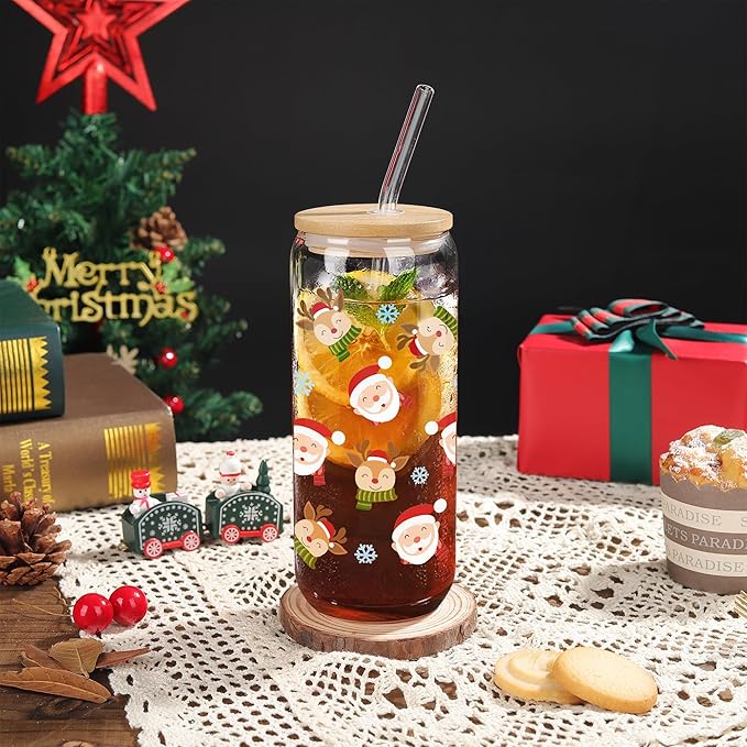 Joeyan Christmas Glass Cups with Lids and Straws,20 oz Iced Coffee Tumbler with Santa Claus and Elk Patterns,Cute Can Shaped Beer Drinking Glasses,Holiday Gifts for Women Mom Friend