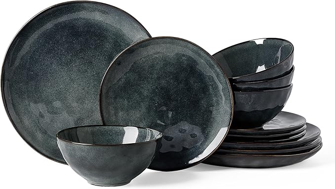 Famiware Dinnerware Sets for 4, Ocean Round 12-Piece Kitchen Plates and Bowls Sets, Reactive Glaze, Microwave and Dishwasher Safe, Scratch Resistant, Deep Forest