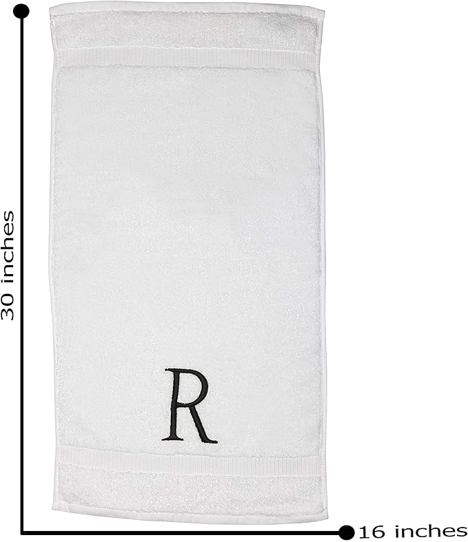 White and Black Monogrammed Hand Towel - Monogram Initial Hotel Quality Decorative Embroidered Luxury Towel for Powder Room, Spa - GOTS Organic Certified - Set of 2 Letter R