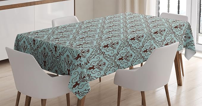 Ambesonne Damask Tablecloth, Classic Design Style Leaves Foliage with Damask Pattern Curvy Lines Ornate, Rectangular Table Cover for Dining Room Kitchen Decor, 60" X 90", Turquoise Brown
