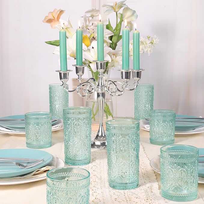 Green Drinking Glasses Set of 4, Vintage Drinking Glasses, Colored Glassware Drinking, Highball Beverage Glasses Cup, Vintage Glassware Set for Water, Juice, Cocktail, Coffee