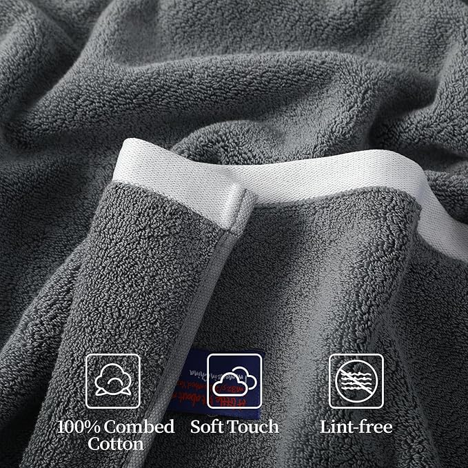 REDKISS 6 Pack Cotton Towel Set with Luxury Embellished Border, 600 GSM Ultra Soft & Highly Absorbent Bath Towels Set with 2 Bath, 2 Hand, 2 Washcloths for Bathroom, Gym, Spa, Hotel, Light Grey