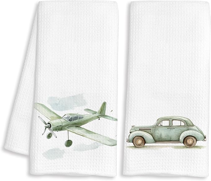 Sage Green Car Plane Preppy Decorative Hand Towels Gifts, Kids Boys Bathroom Decor, Watercolor Transportation Decorative Dish Hand Tea Towels for Bathroom Kitchen, 16x24 Inch Set of 2