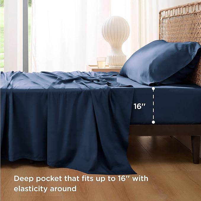 Bedsure Cooling Sheets Twin, Rayon Derived from Bamboo, Breathable & Soft Twin Sheets Set, Deep Pocket Up to 16 Inches, Hotel Luxury Silky Bedding for Hot Sleepers, Navy
