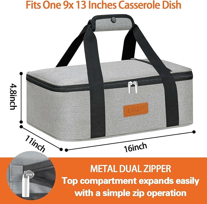 LHZK Insulated Casserole Carriers for Hot or Cold Food, Lasagna Holder Tote for Potluck Parties, Beach, Picnic, Travel, Fits 11x15 or 9x13 Dish (Grey)