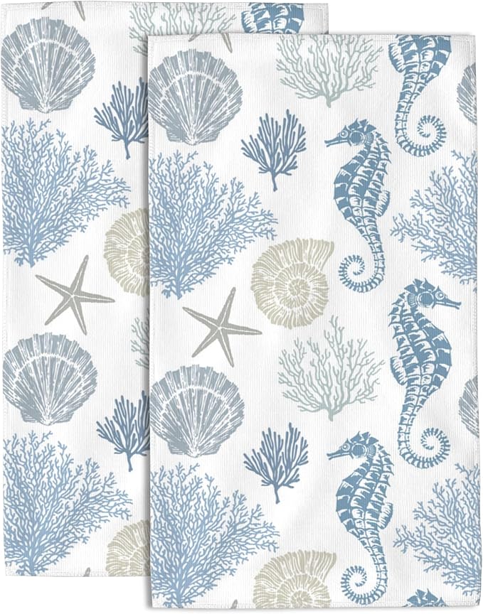 Ocean Marine Hand Towel,Seahorse and Coral Hand Bath Towels Set of 2 Dish Towels Soft Absorbent Decorative Hand Towels for Bathroom Kitchen Yoga Home Decor 14 x 28 in
